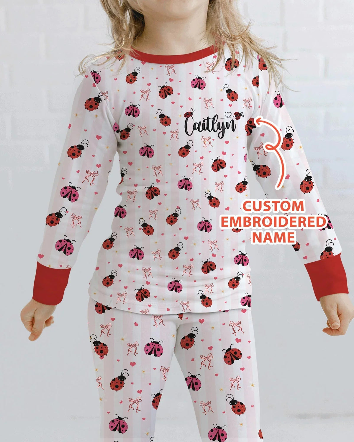 Custom Embroidered Name Ladybug Bamboo Two Piece Long Sleeve Pajama Set