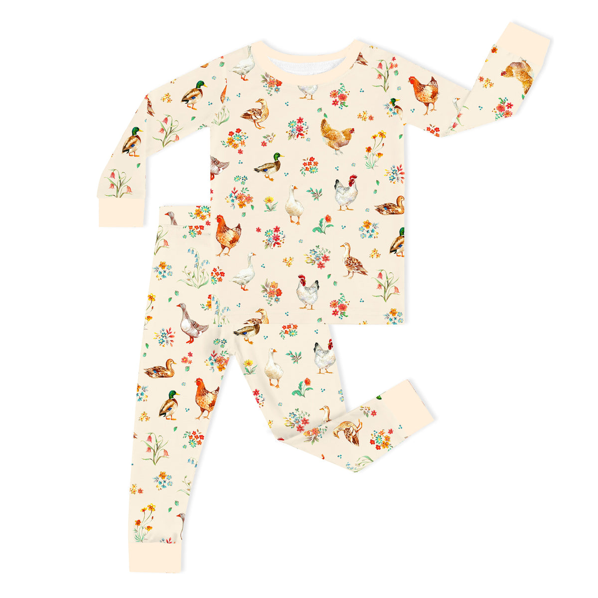 Kids Bamboo Two-Piece Pajama Set Farm Duck and Chicken in Wildflower Floral
