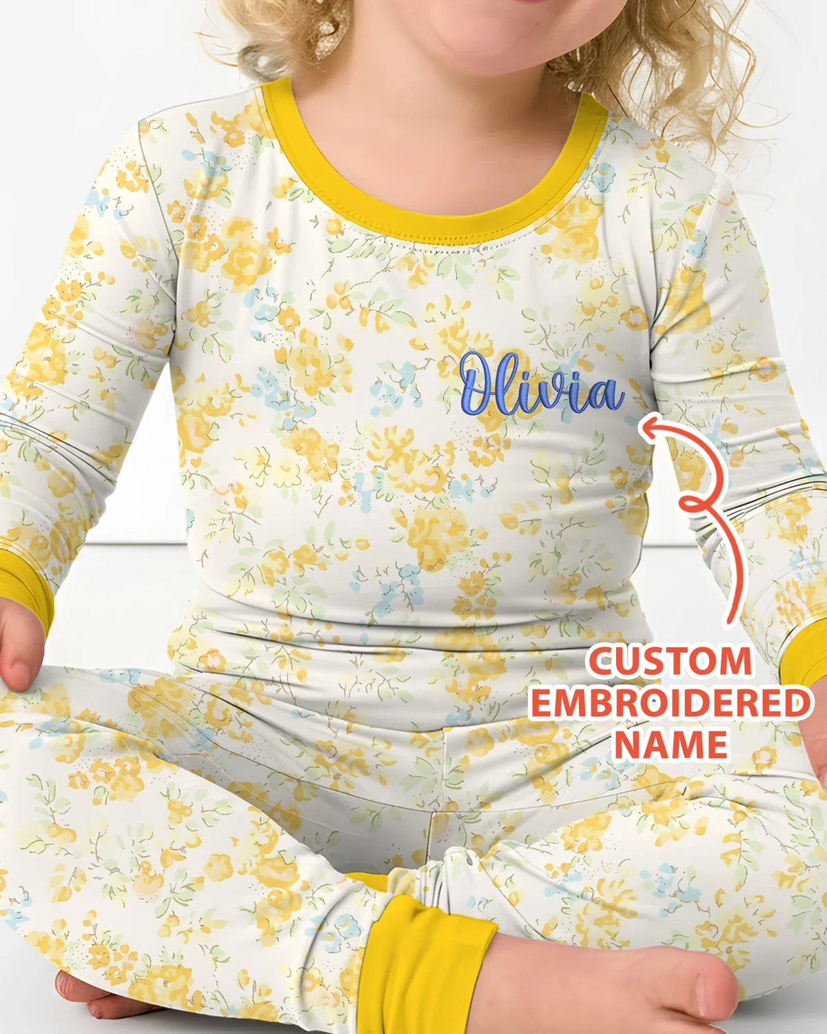 Custom Name Embroidered Floral Bamboo Two Piece Long Sleeve Pajama Set