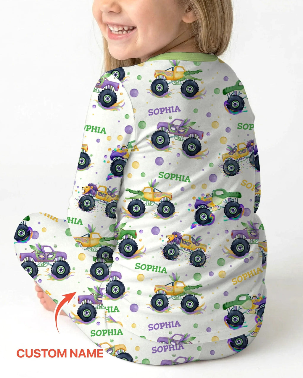 Custom Name Mardi Gras Monster Trucks Bamboo Two Piece Long Sleeve Pajama Set