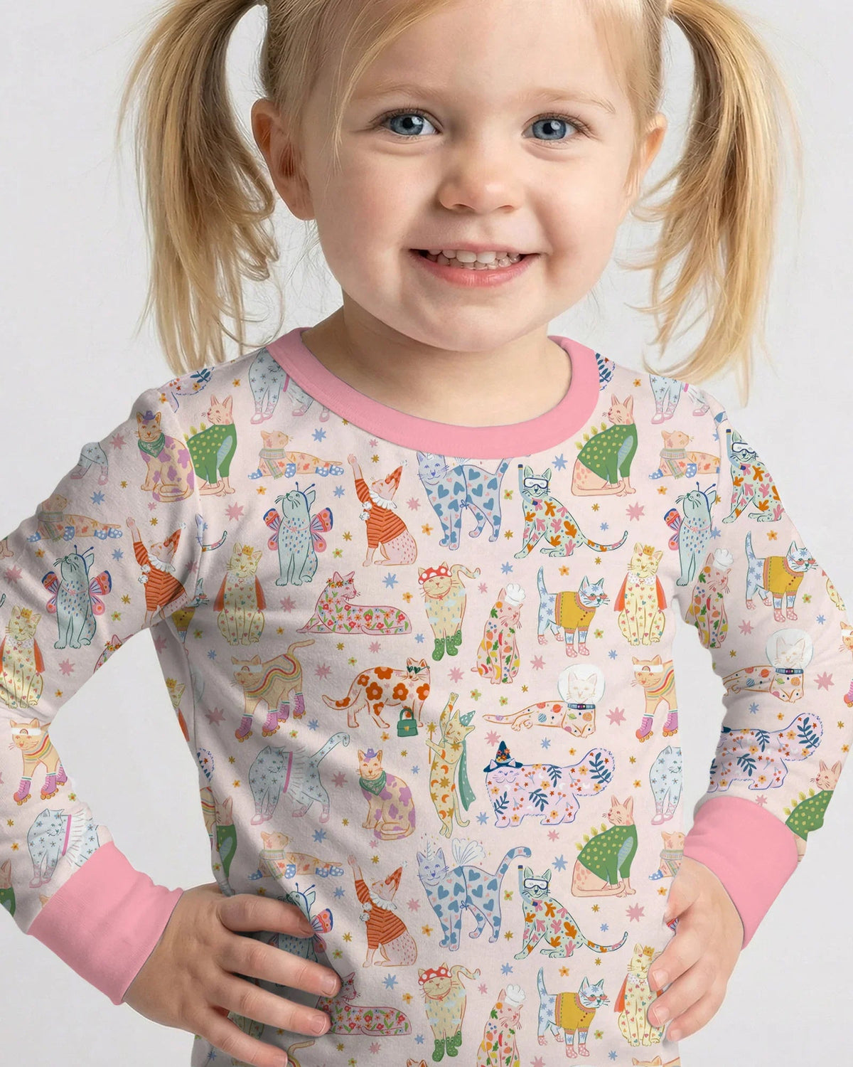Whimsical Cat Parade Two Piece Long Sleeve Pajama Set