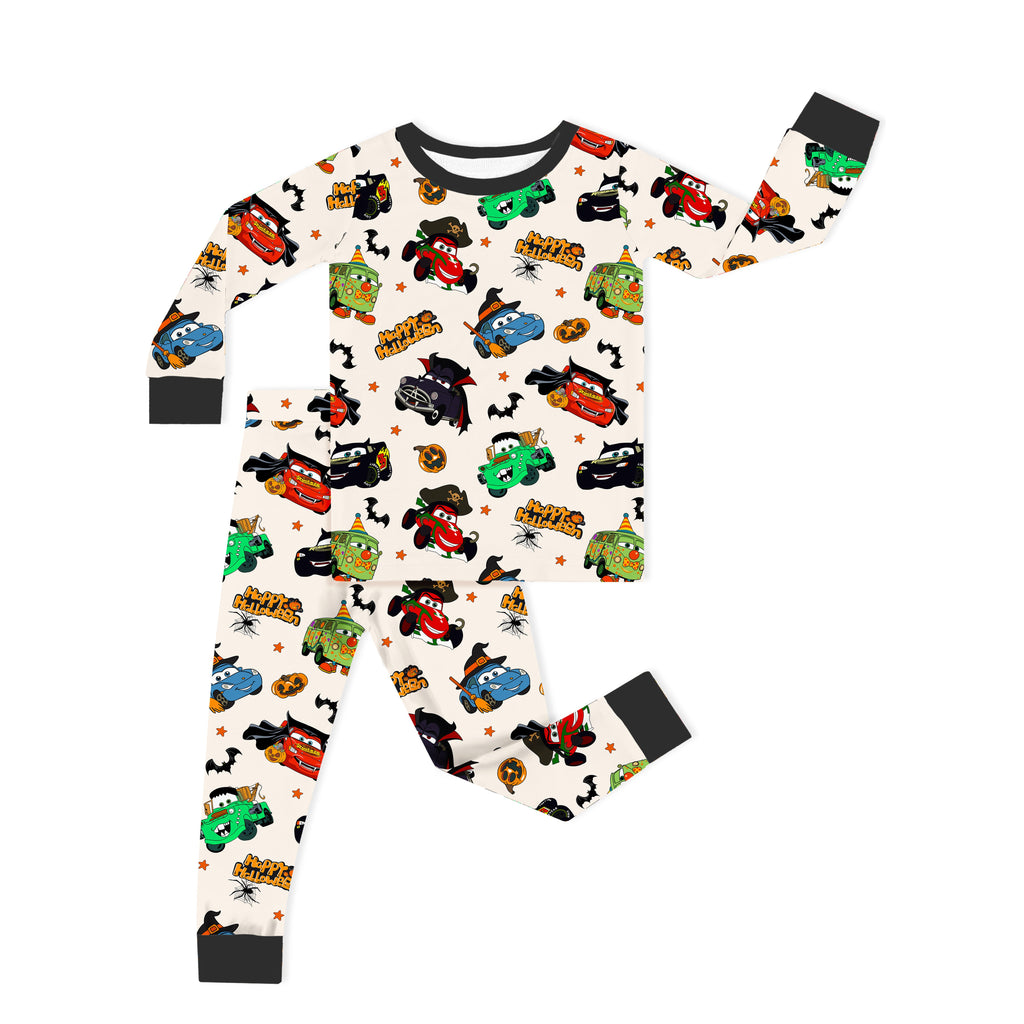 Halloween Smiley Face Car and Bus Pumpkin Kids Two-Piece Pajama Set