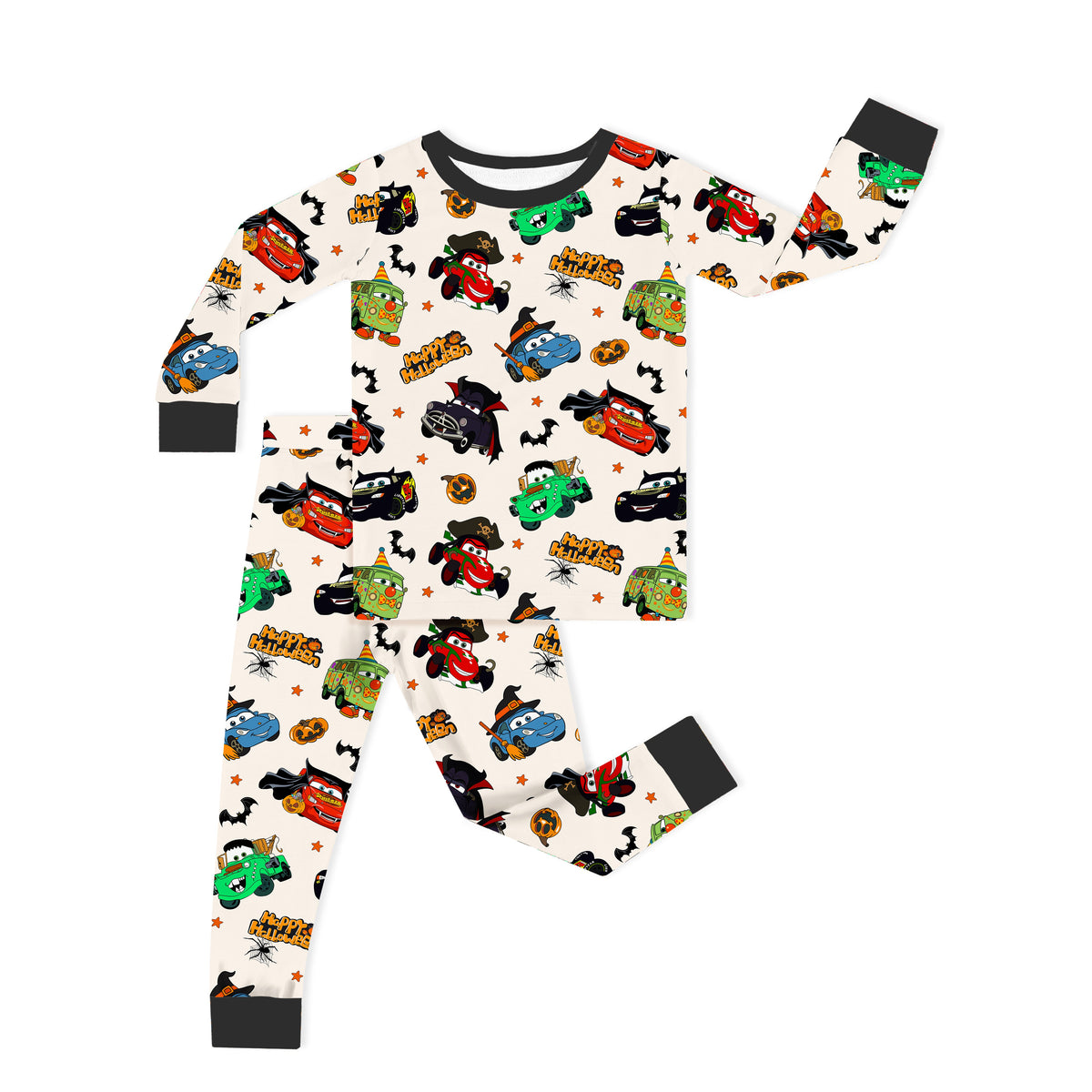 Halloween Smiley Face Car and Bus Pumpkin Kids Two-Piece Pajama Set