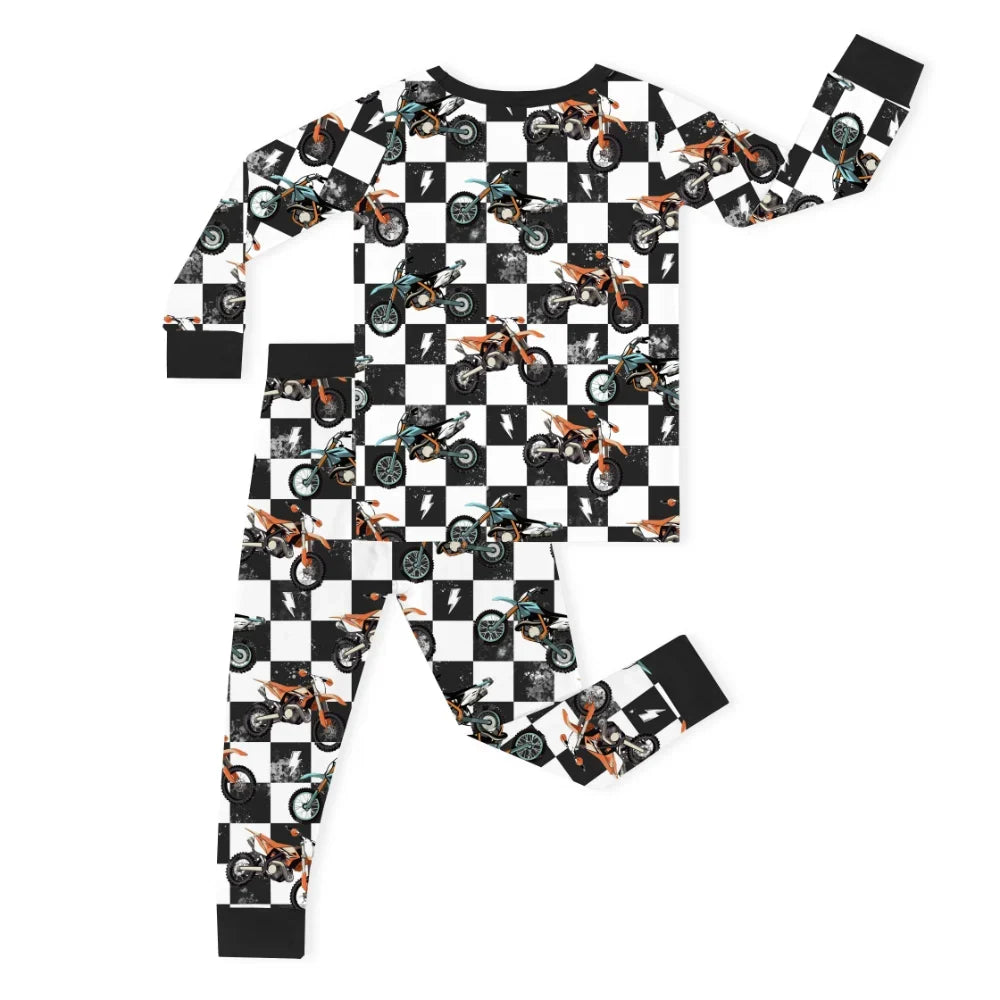 Black-White Checkered Motorcycle and Lightning Kids Bamboo Two-Piece Pajama Set