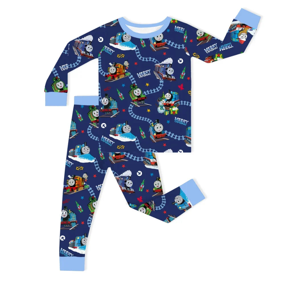 Christmas Train Tracks and Pals on Navy Blue Kids Two-Piece Pajama Set