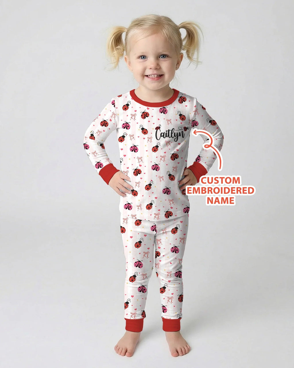Custom Embroidered Name Ladybug Bamboo Two Piece Long Sleeve Pajama Set