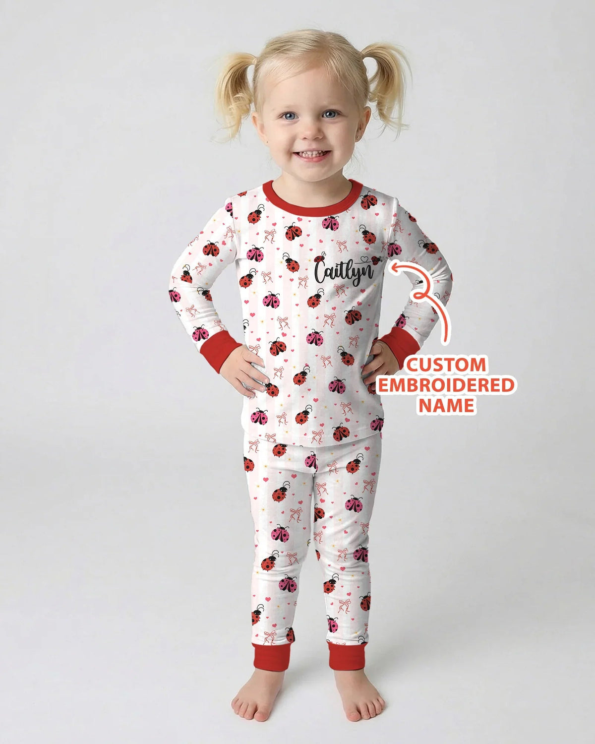 Custom Embroidered Name Ladybug Bamboo Two Piece Long Sleeve Pajama Set