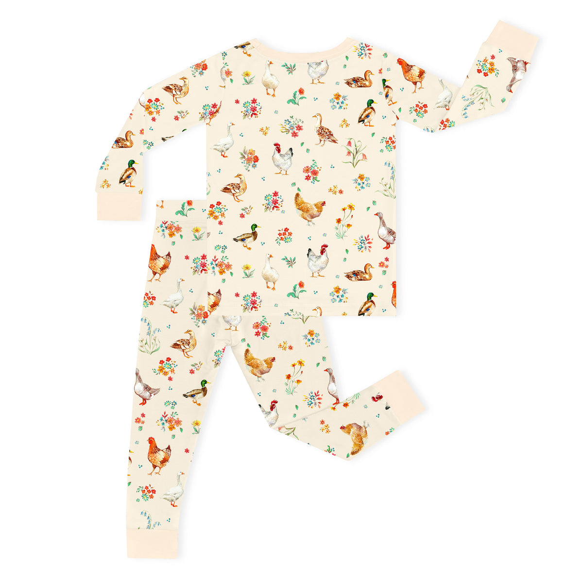 Kids Bamboo Two-Piece Pajama Set Farm Duck and Chicken in Wildflower Floral