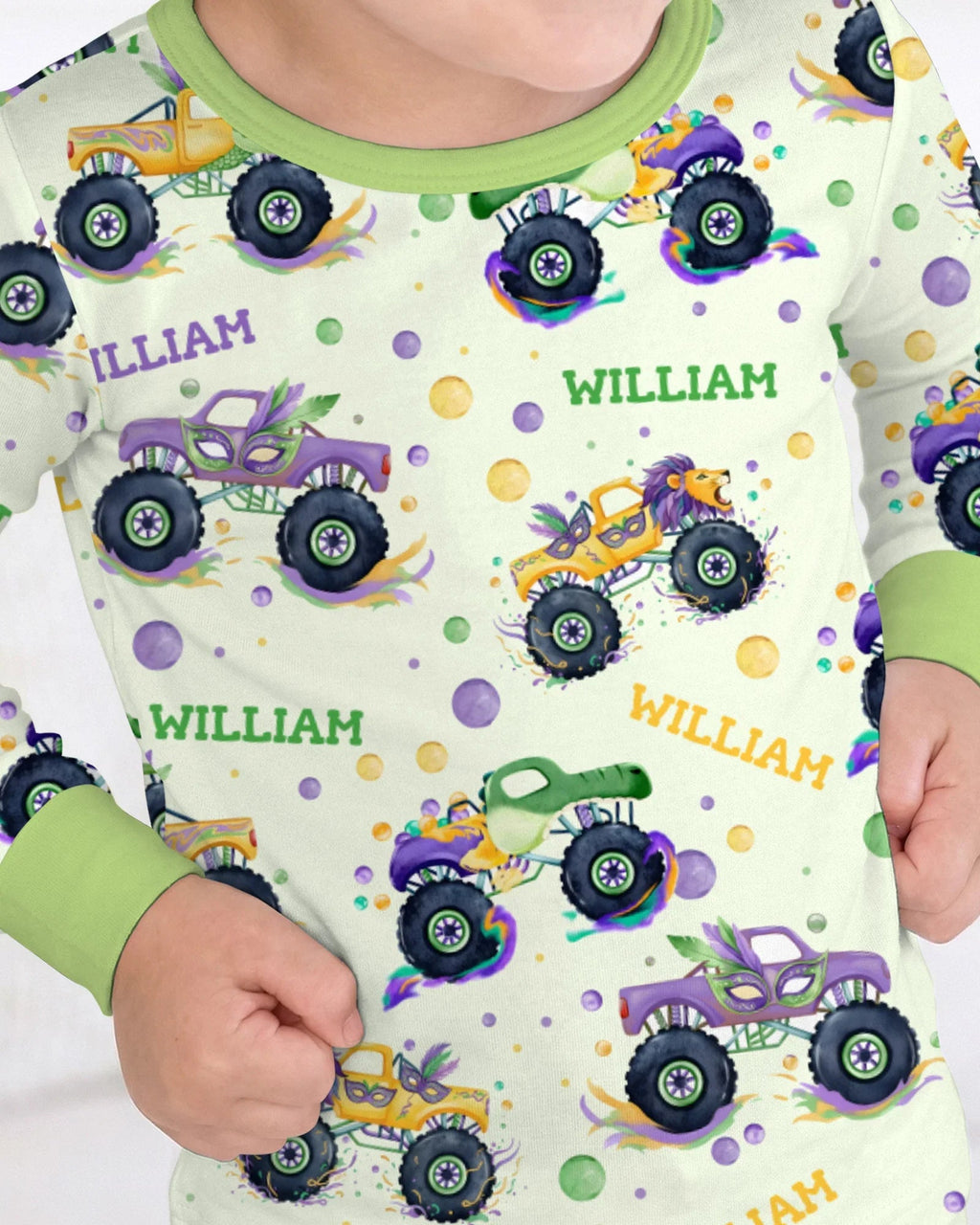 Custom Name Mardi Gras Monster Trucks Bamboo Two Piece Long Sleeve Pajama Set