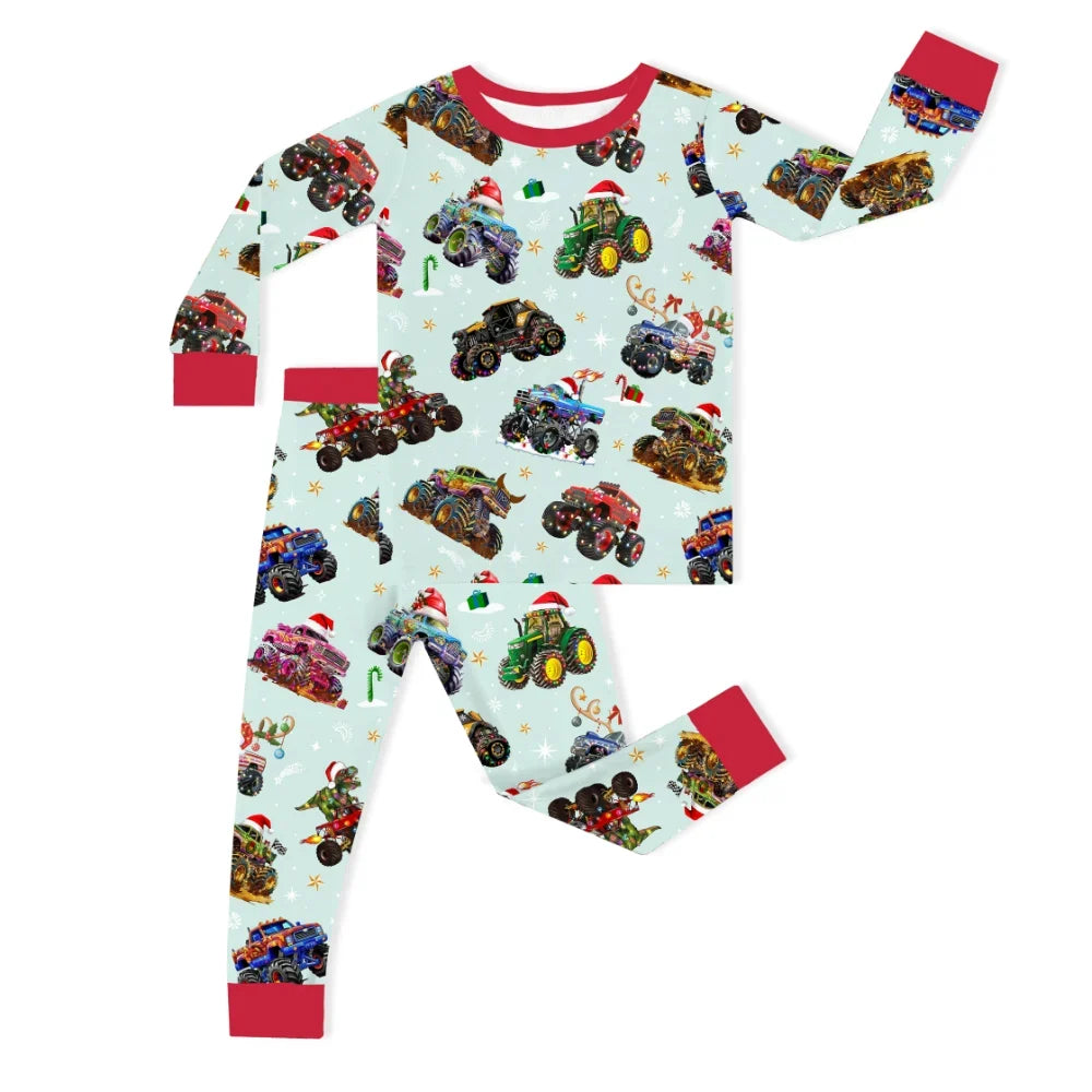 Christmas Colorful Truck Ride Game on Red Kids Two-Piece Pajama Set