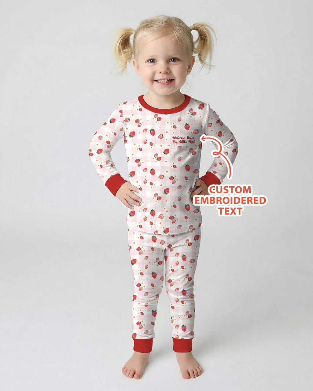 Embroidered Custom Text Strawberry Bamboo Two Piece Long Sleeve Pajama Set