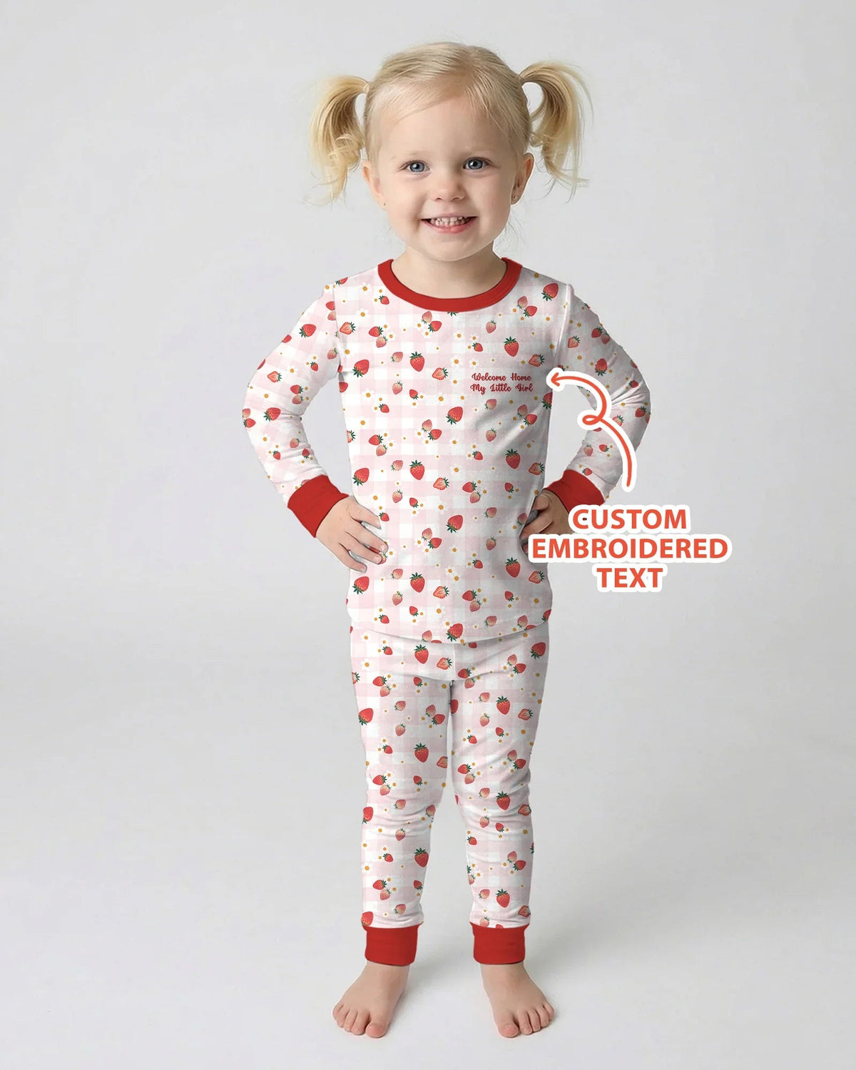 Embroidered Custom Text Strawberry Bamboo Two Piece Long Sleeve Pajama Set