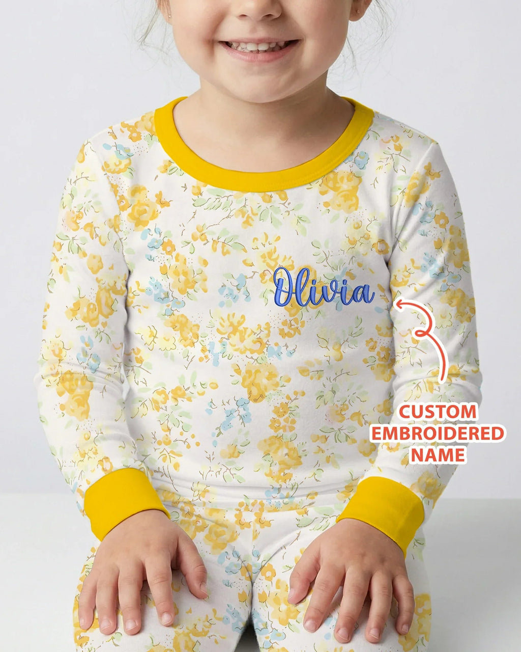 Custom Name Embroidered Floral Bamboo Two Piece Long Sleeve Pajama Set