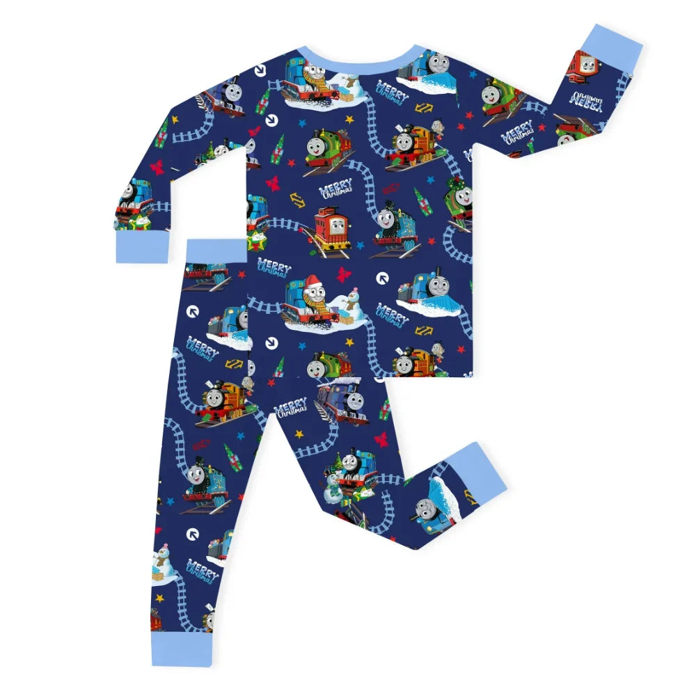 Christmas Train Tracks and Pals on Navy Blue Kids Two-Piece Pajama Set
