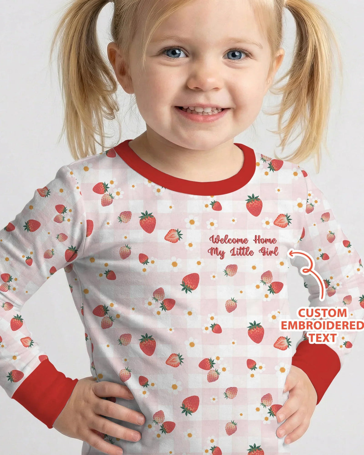Embroidered Custom Text Strawberry Bamboo Two Piece Long Sleeve Pajama Set