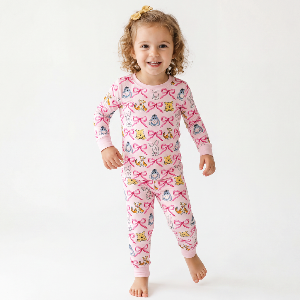 Sunny Bear and Pig Friends Bow Kids Two-Piece Pajama Set