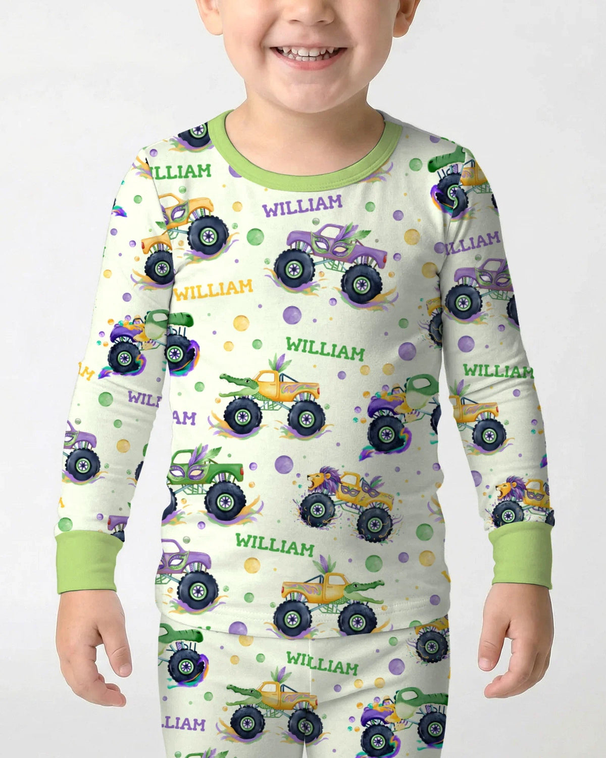 Custom Name Mardi Gras Monster Trucks Bamboo Two Piece Long Sleeve Pajama Set