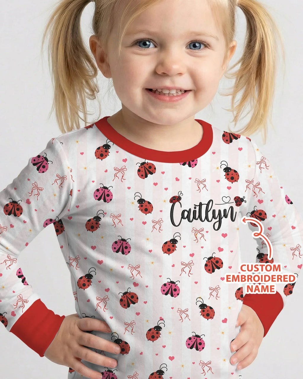 Custom Embroidered Name Ladybug Bamboo Two Piece Long Sleeve Pajama Set