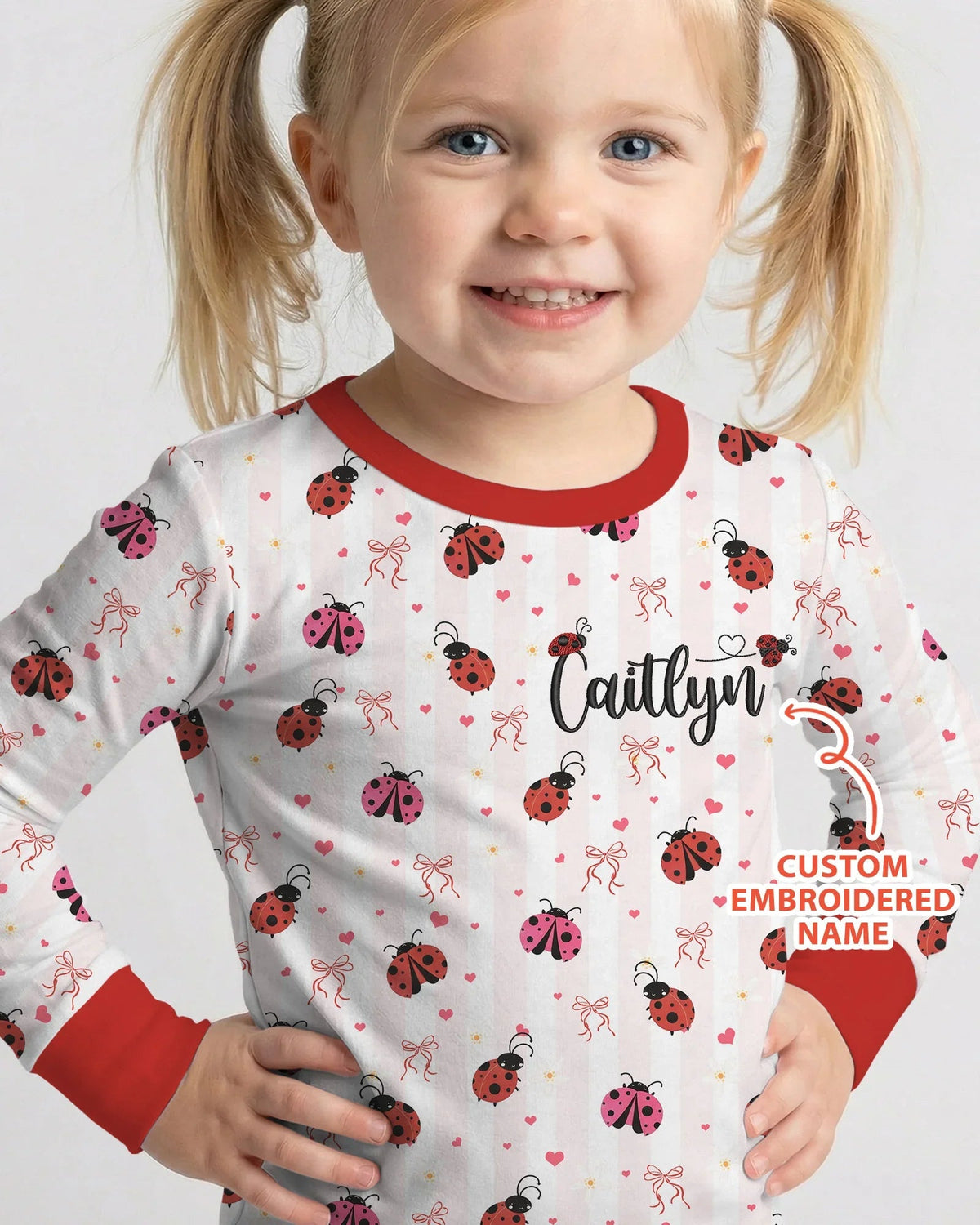 Custom Embroidered Name Ladybug Bamboo Two Piece Long Sleeve Pajama Set