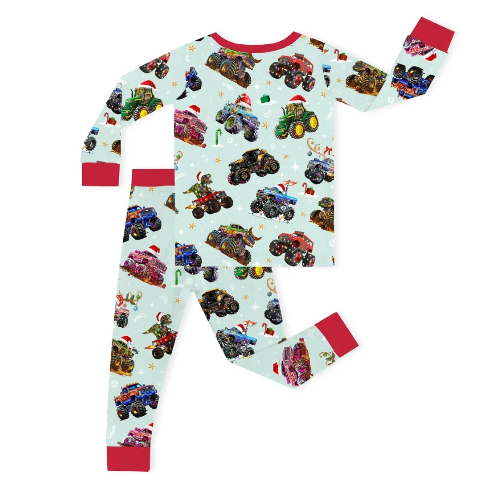 Christmas Colorful Truck Ride Game on Red Kids Two-Piece Pajama Set