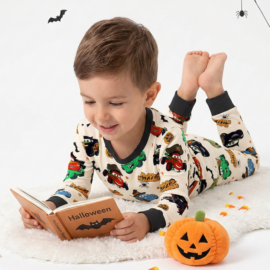Halloween Smiley Face Car and Bus Pumpkin Kids Two-Piece Pajama Set