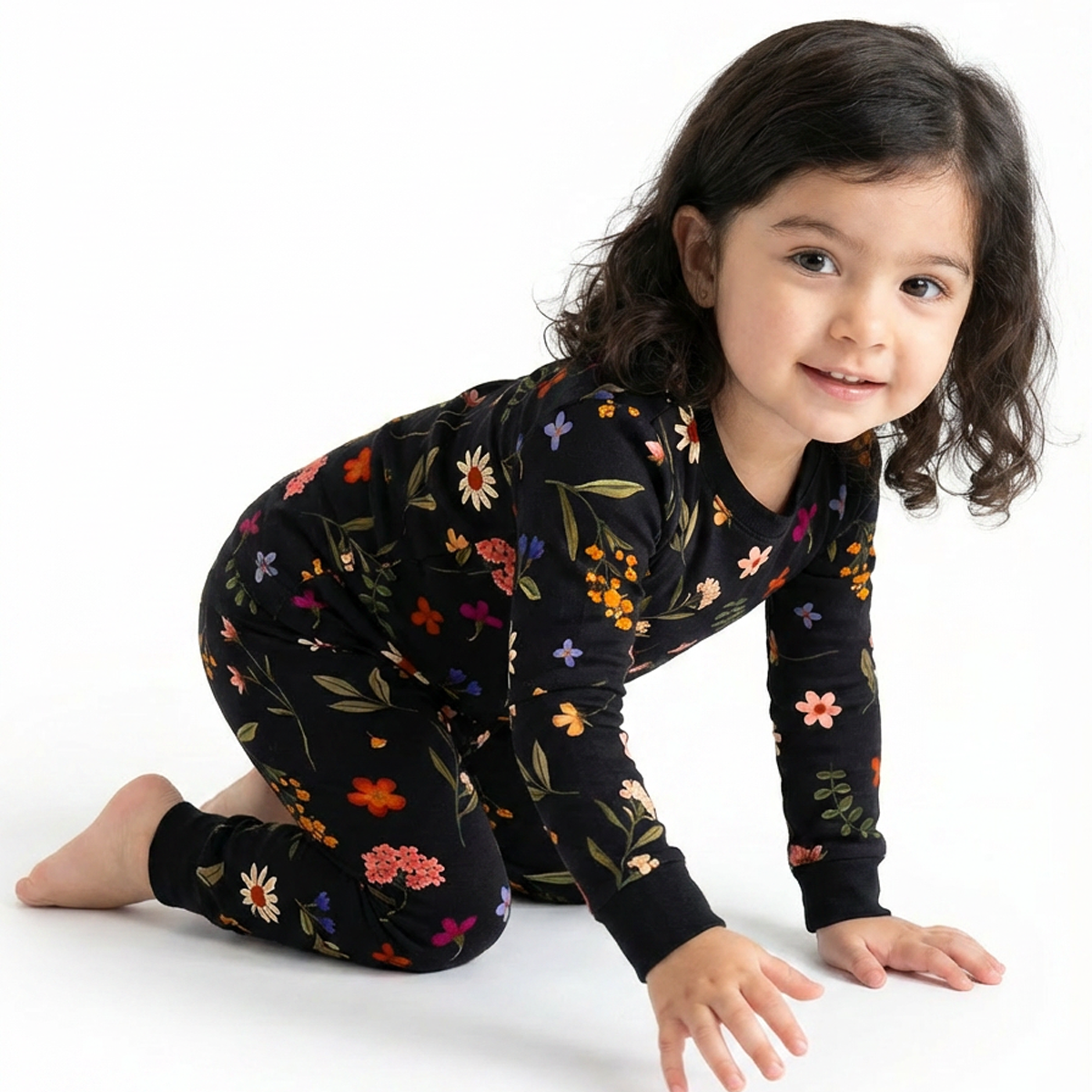 Kids Bamboo Two-Piece Pajama Set Midnight Wildflower Floral Fantasy