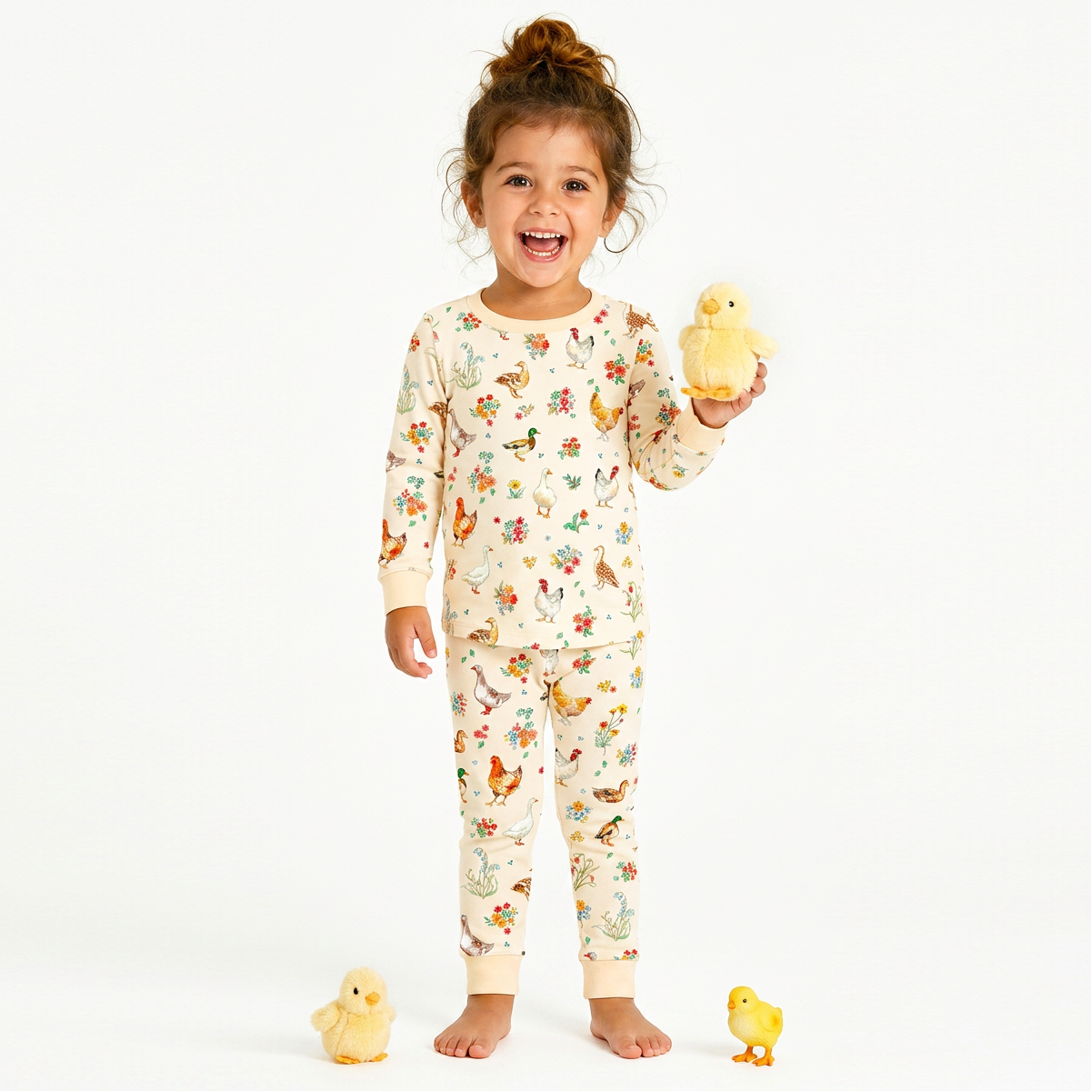 Kids Bamboo Two-Piece Pajama Set Farm Duck and Chicken in Wildflower Floral