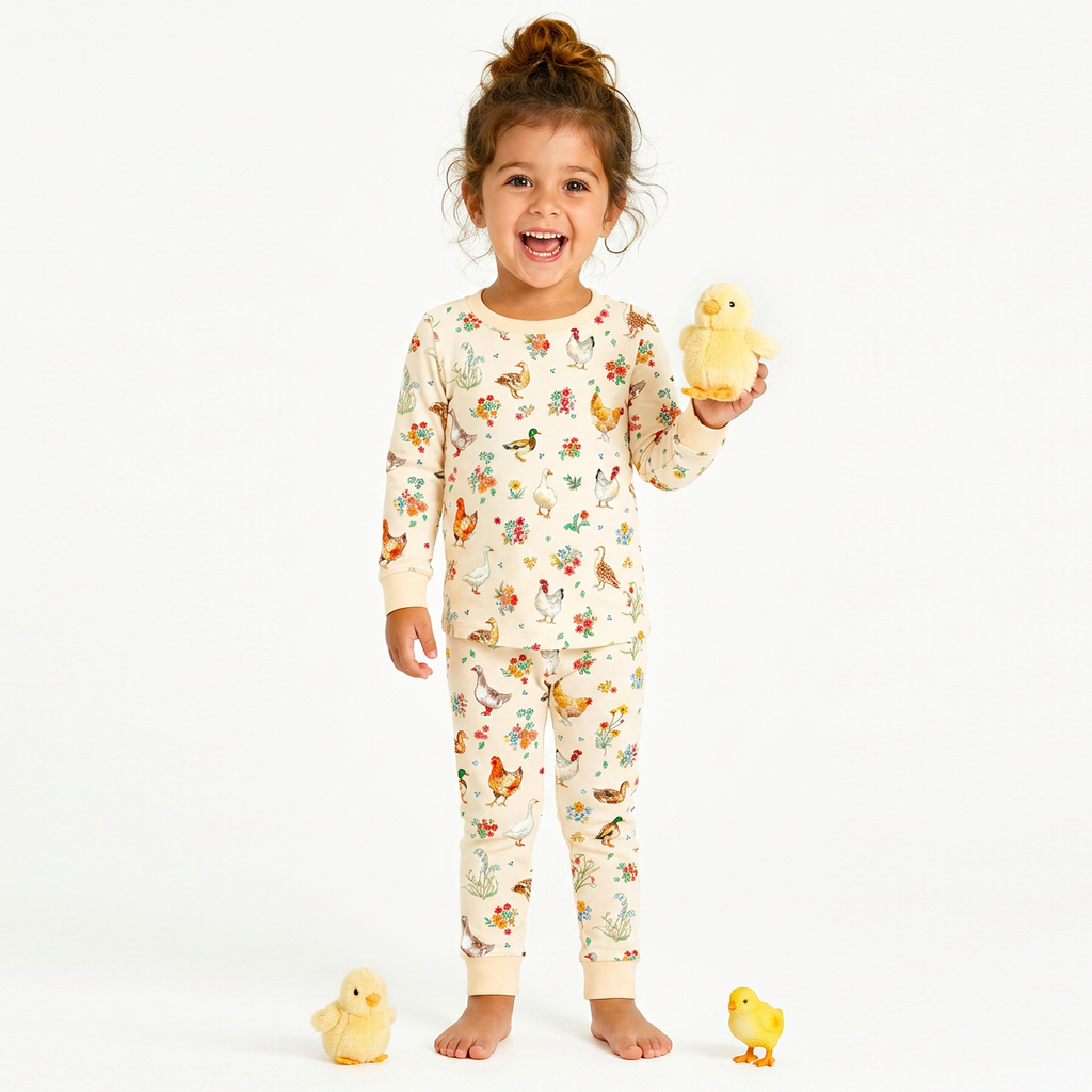 Kids Bamboo Two-Piece Pajama Set Farm Duck and Chicken in Wildflower Floral