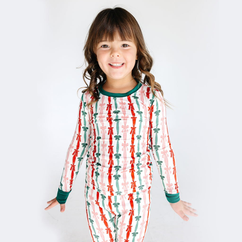 Three-color Striped Bow Kids Bamboo Two-Piece Pajama Set