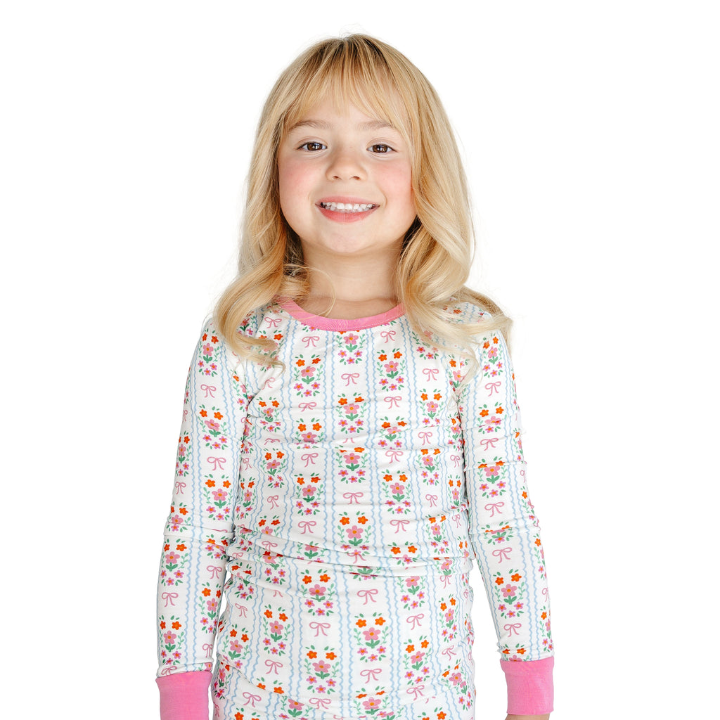 Pink Flower Stripes Bamboo Long Sleeve Pajama Set