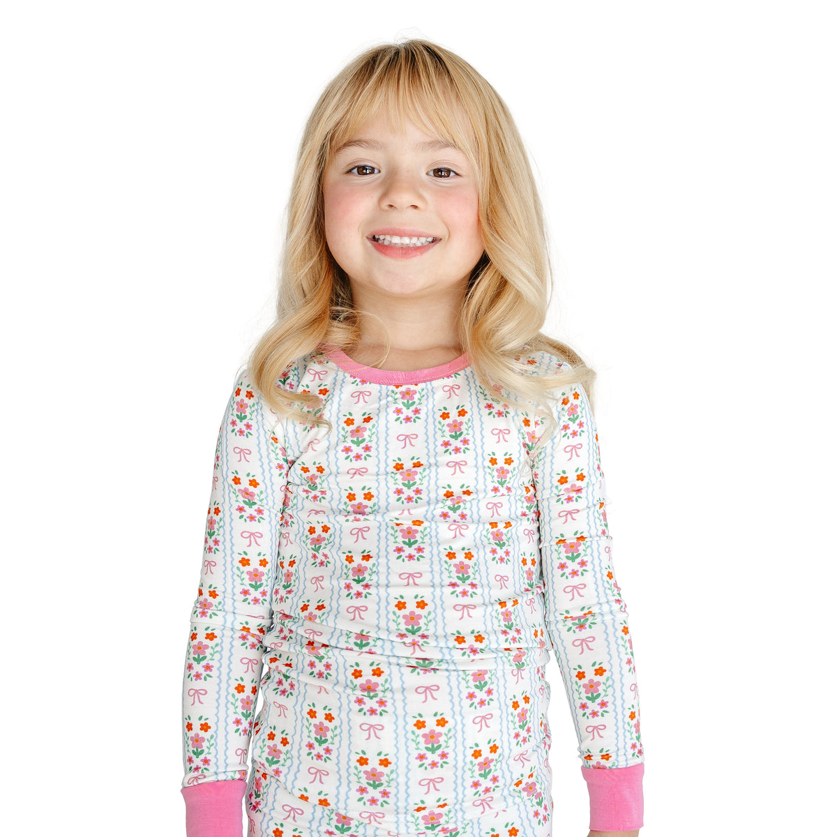 Pink Flower Stripes Bamboo Long Sleeve Pajama Set
