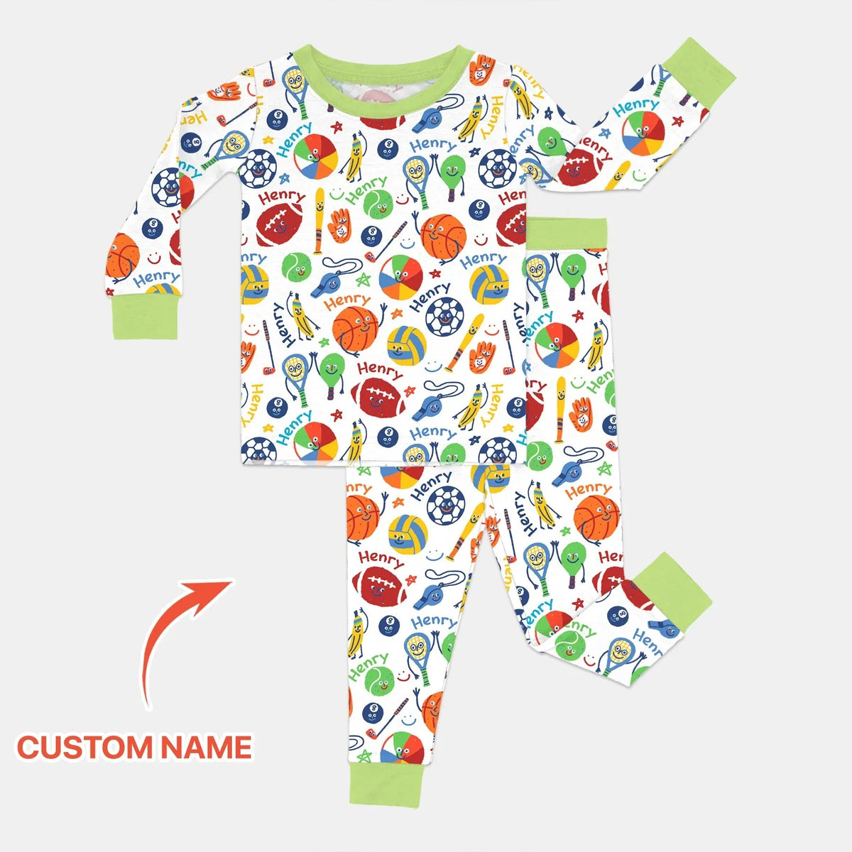 Play Ball Custom Name Bamboo Two Piece Long Sleeve Pajama Set
