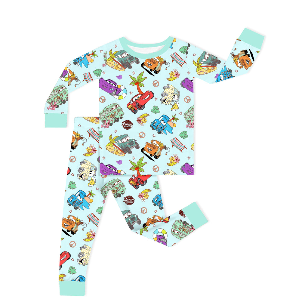 Vintage Cars Road Trip Mint Green Kids Two-Piece Pajama Set