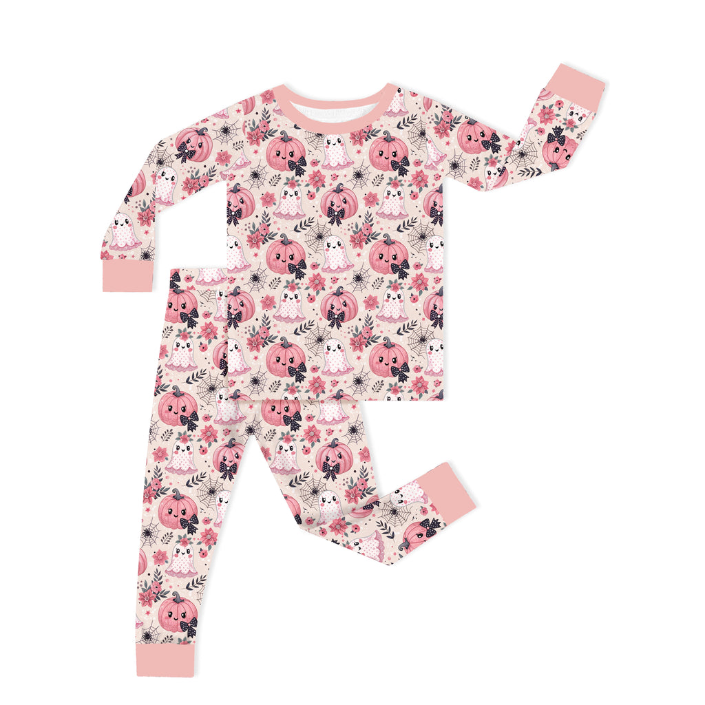 Halloween Pink Pumpkin and Sweet Ghosts Kids Bamboo Two-Piece Pajama Set