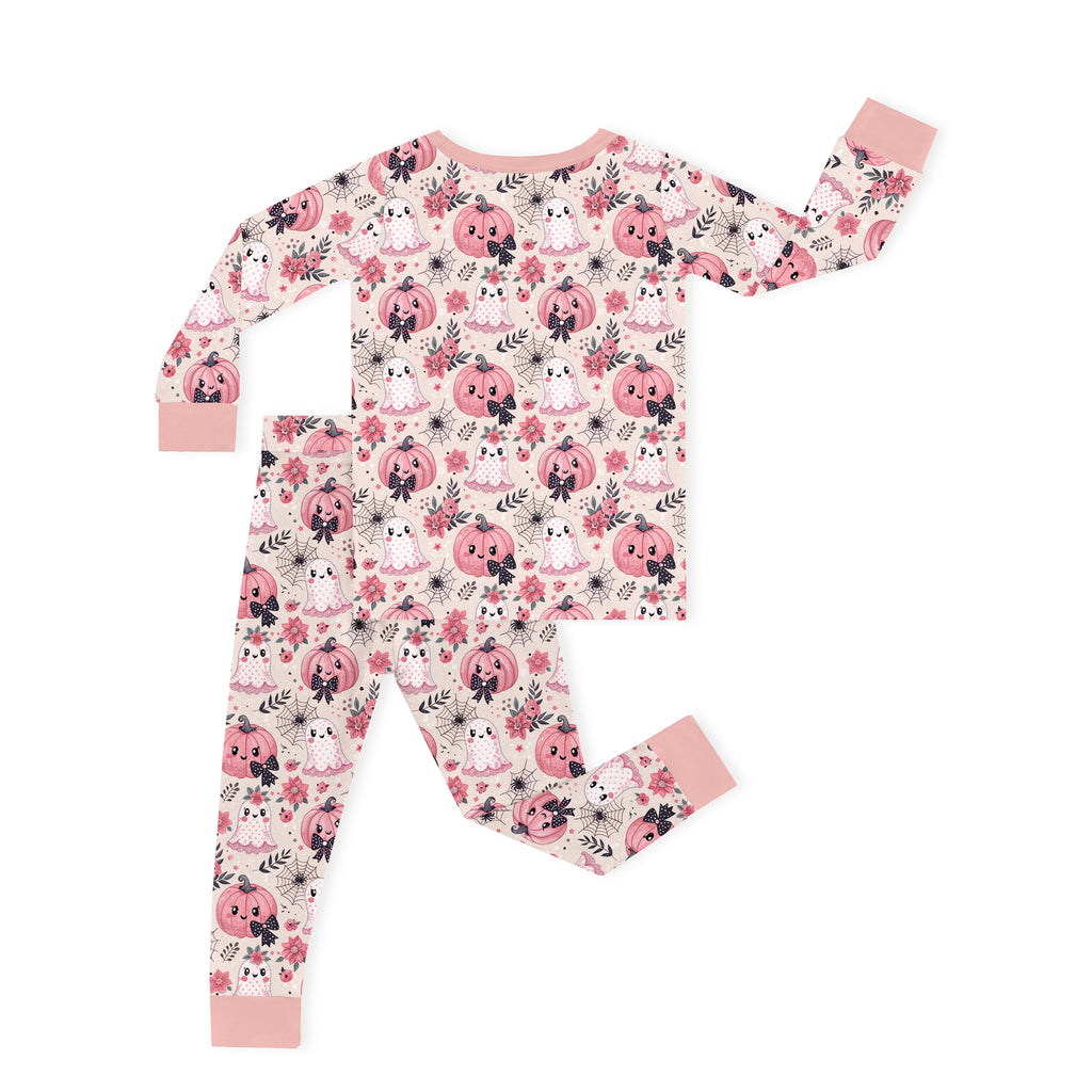 Halloween Pink Pumpkin and Sweet Ghosts Kids Bamboo Two-Piece Pajama Set