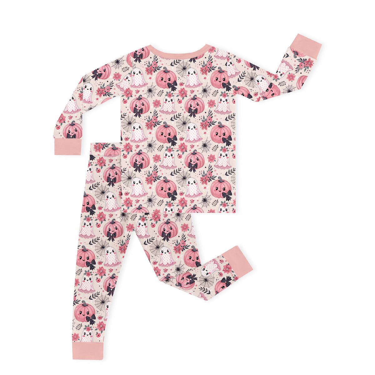 Halloween Pink Pumpkin and Sweet Ghosts Kids Bamboo Two-Piece Pajama Set