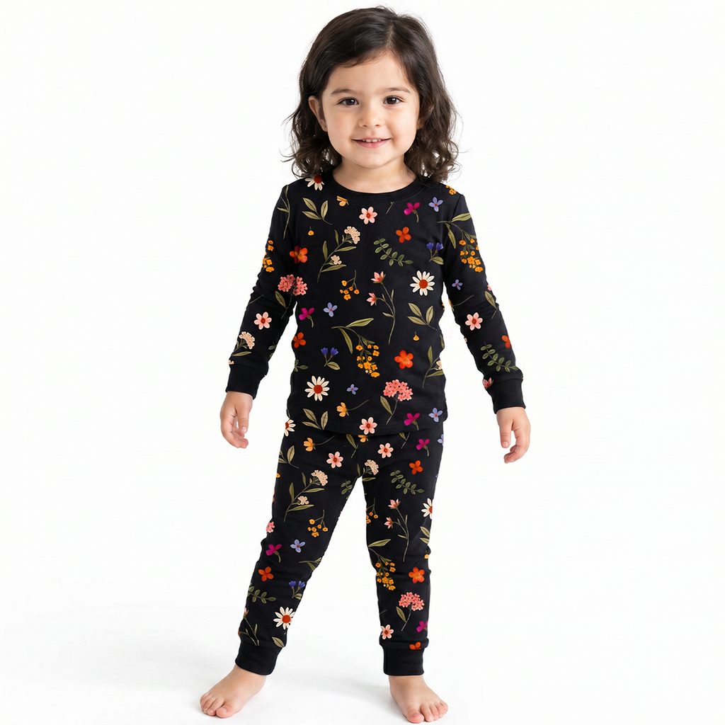 Kids Bamboo Two-Piece Pajama Set Midnight Wildflower Floral Fantasy