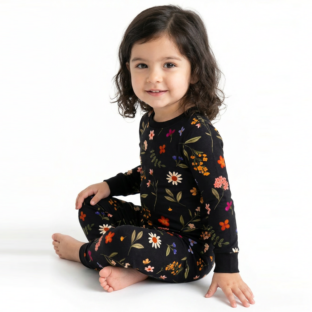 Kids Bamboo Two-Piece Pajama Set Midnight Wildflower Floral Fantasy