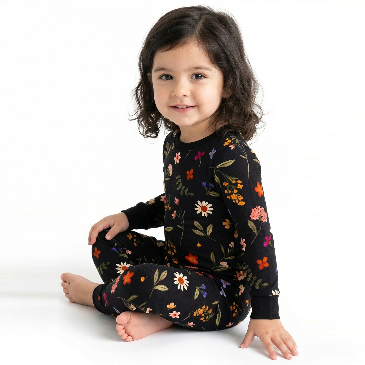 Kids Bamboo Two-Piece Pajama Set Midnight Wildflower Floral Fantasy