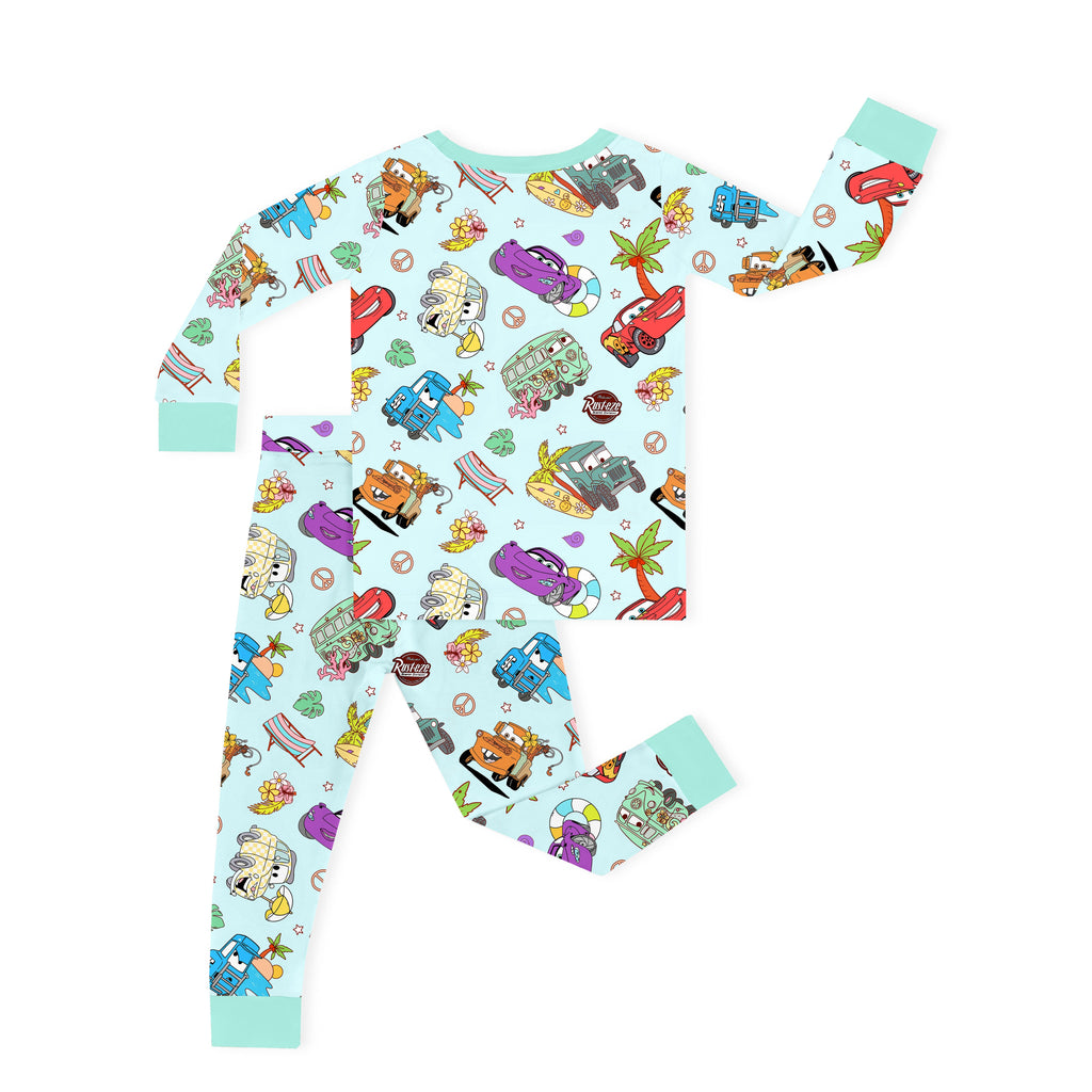 Vintage Cars Road Trip Mint Green Kids Two-Piece Pajama Set