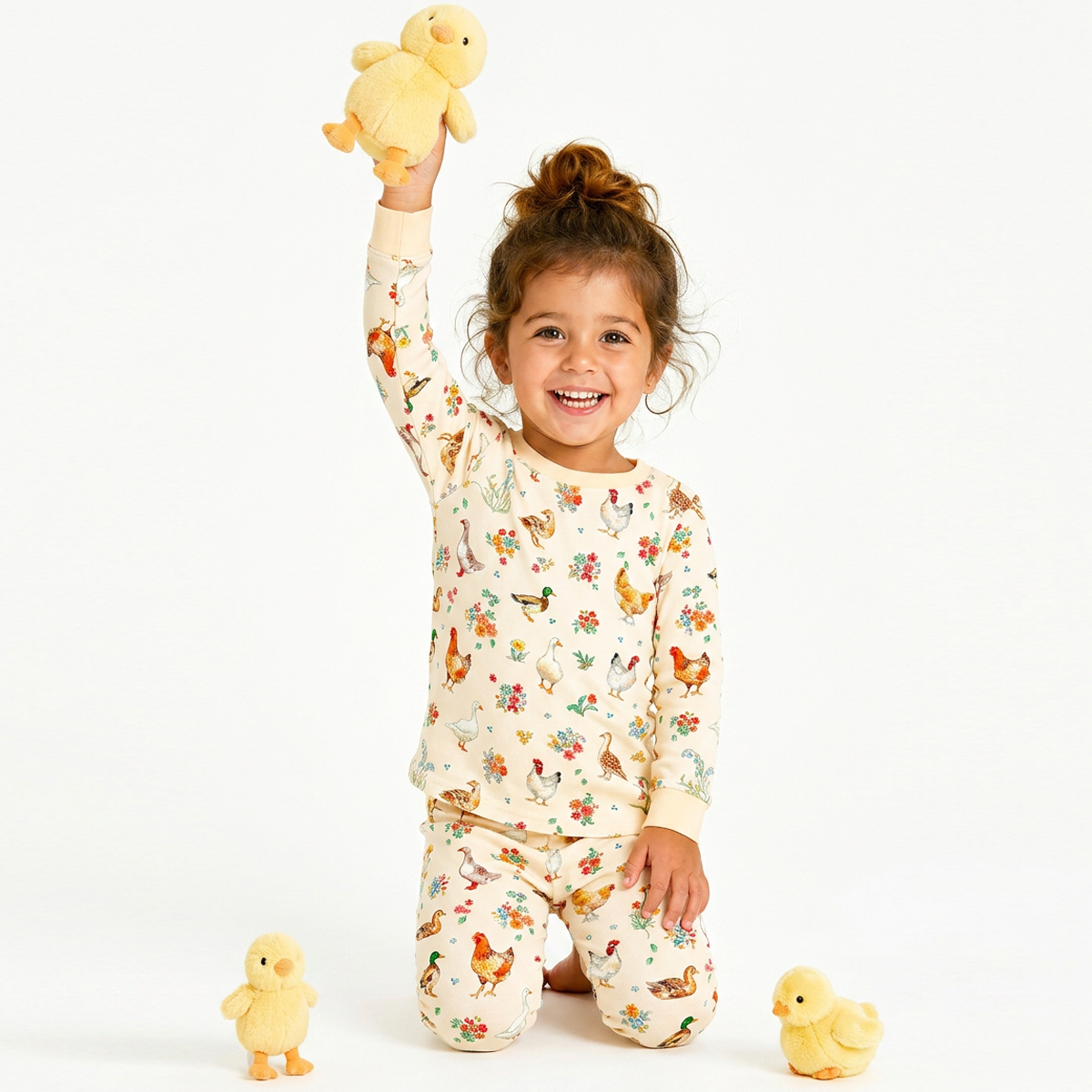 Kids Bamboo Two-Piece Pajama Set Farm Duck and Chicken in Wildflower Floral