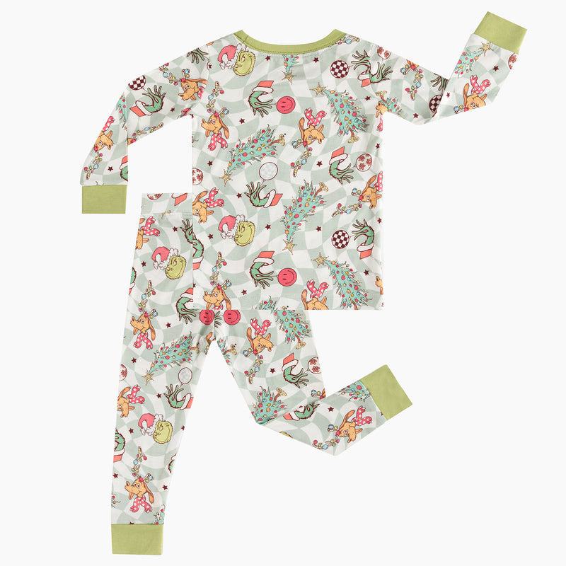Christmas Green Cartoon Figure Kids Bamboo 2 Piece Pajama Set Green