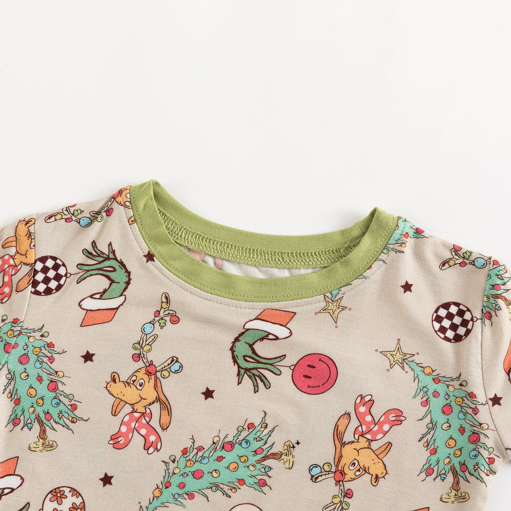 Christmas Prasinous Color Cute Cartoon Figure & Deer Two-Piece Bamboo Viscose Pajama Set