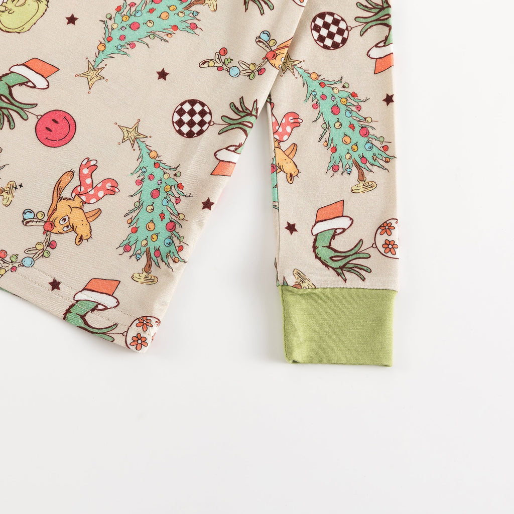 Christmas Prasinous Color Cute Cartoon Figure & Deer Two-Piece Bamboo Viscose Pajama Set