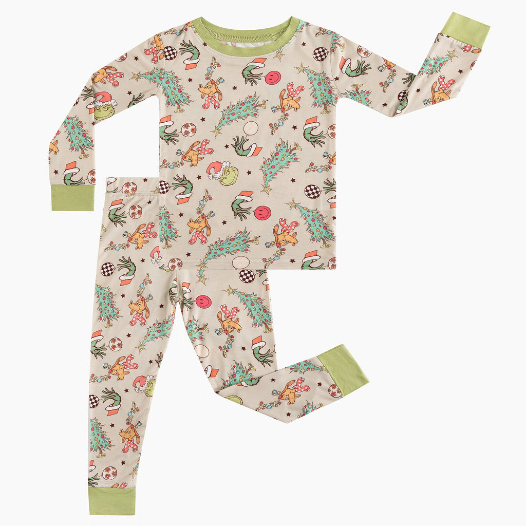 Christmas Prasinous Color Cute Cartoon Figure & Deer Two-Piece Bamboo Viscose Pajama Set