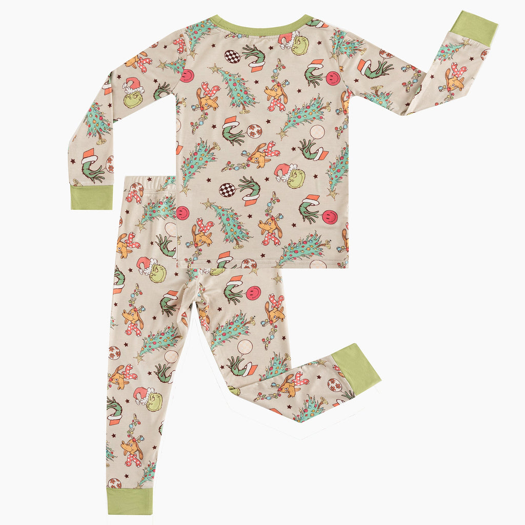 Christmas Prasinous Color Cute Cartoon Figure & Deer Two-Piece Bamboo Viscose Pajama Set