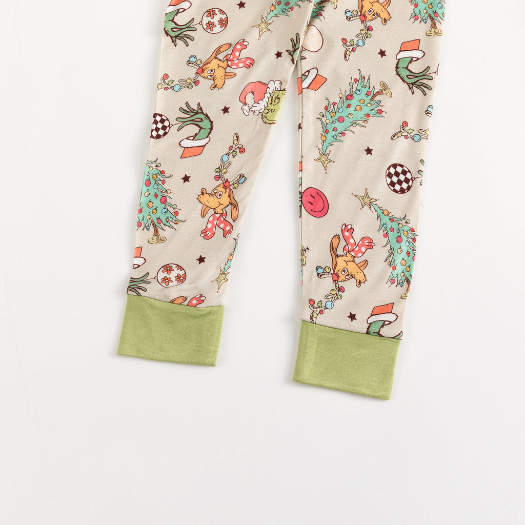 Christmas Prasinous Color Cute Cartoon Figure & Deer Two-Piece Bamboo Viscose Pajama Set
