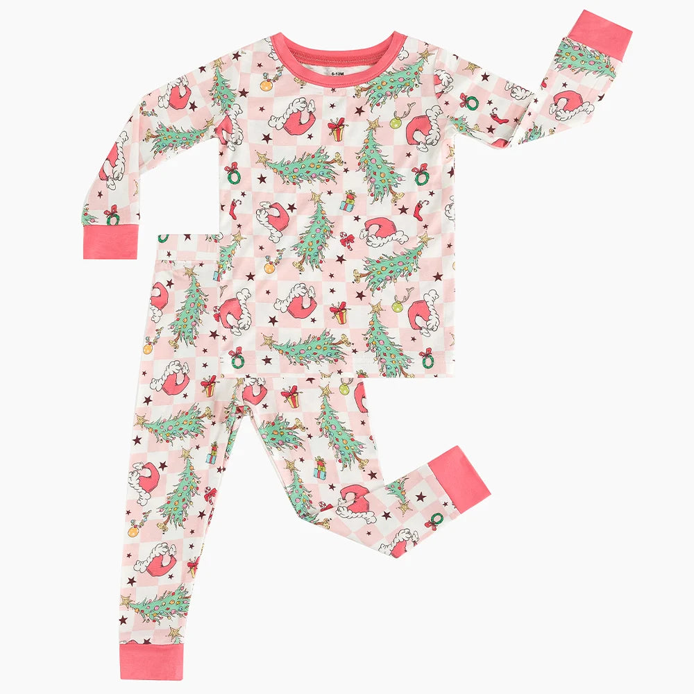 Christmas Pink Plaid Christmas Tree Bamboo Long Sleeve Pajama Set