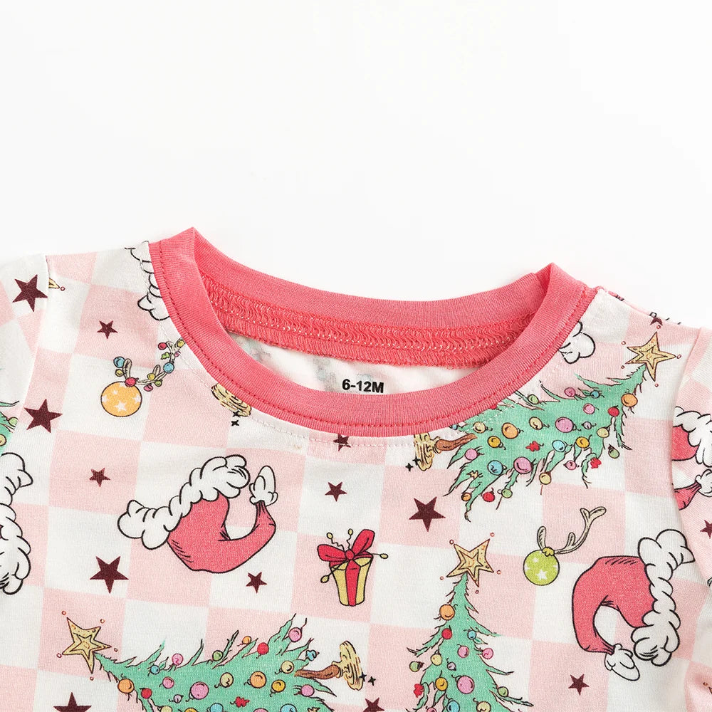 Christmas Pink Plaid Christmas Tree Bamboo Long Sleeve Pajama Set