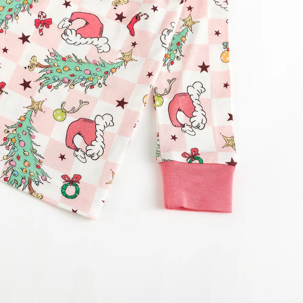 Christmas Pink Plaid Christmas Tree Bamboo Long Sleeve Pajama Set